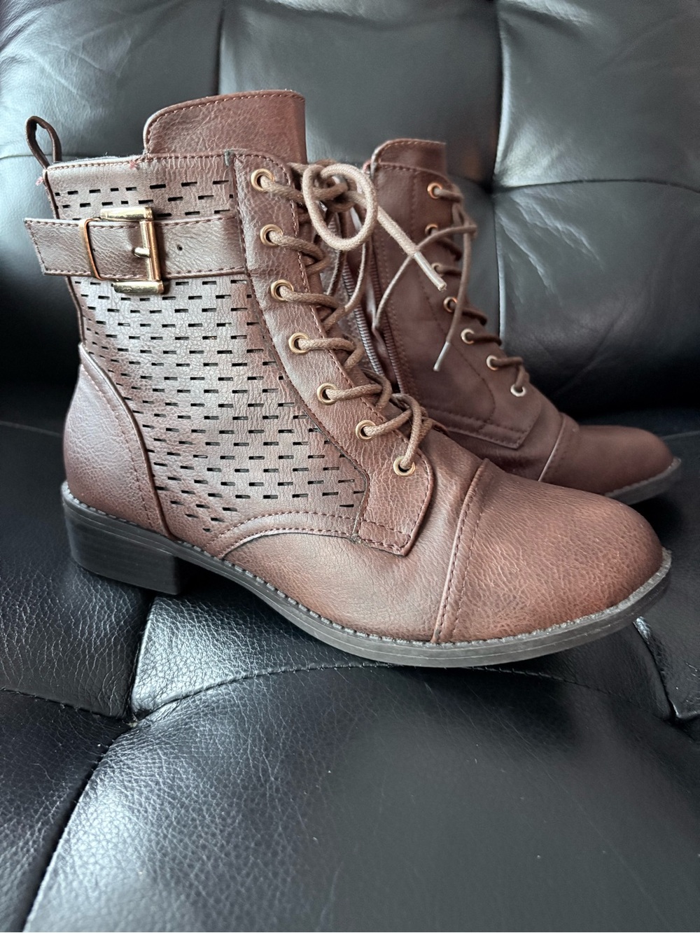 TOP Moda Brown Lace-Up Ankle Boots with Buckle Detail
